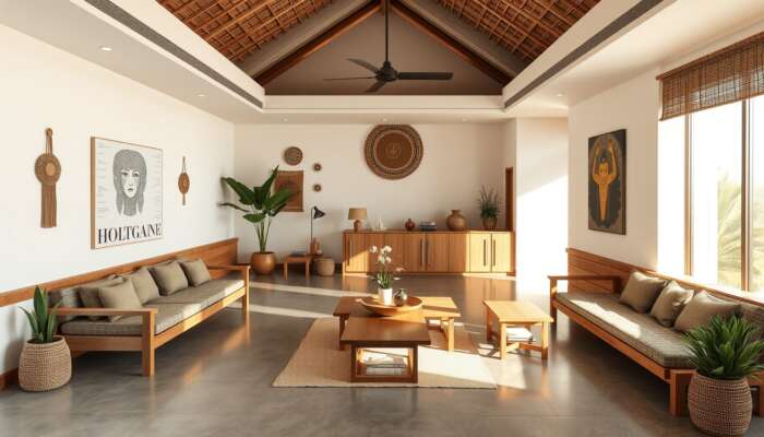 Modern boutique hotel lobby with minimalist design, sustainable wooden furniture, indigenous crafts, and local artwork bathed in natural light.
