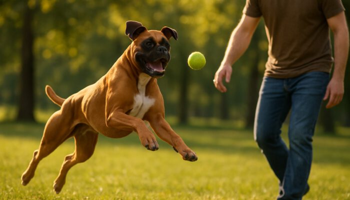 Muscular Boxer dog joyfully leaping to fetch a ball in a sunlit park.