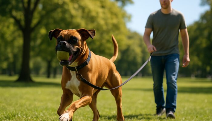 Energetic Boxer dog playing fetch in a sunny park, wearing a secure collar and leash, with an attentive owner supervising.
