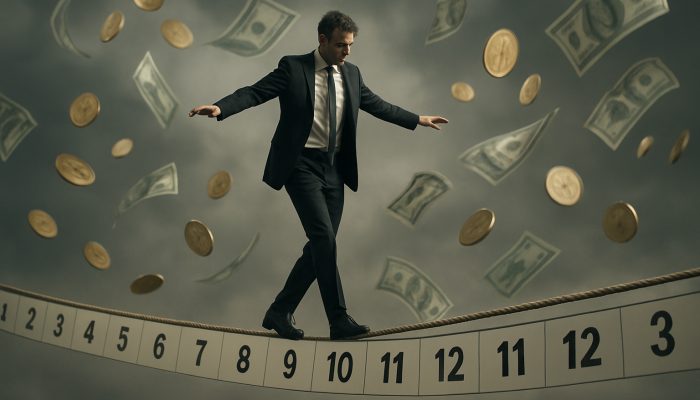 Tightrope walker balancing on calendar dates amid swirling coins and bills, symbolising irregular pay challenges.