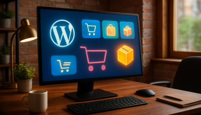 Dynamic WordPress dashboard in Bridport office, showcasing WooCommerce e-commerce icons and shopping carts.