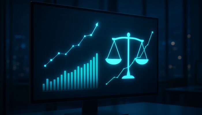 Sleek financial dashboard displaying the Calmar Ratio, upward-trending stocks, and a balance between risk and return in a modern office.