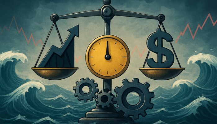 Financial scale balancing the Calmar Ratio amid market fluctuations and gears adjusting for volatility and risk.