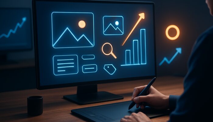 A designer refining images with alt text, SEO tags, and icons, amidst dynamic Google search analytics.