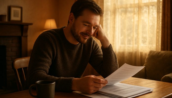 Reflecting on Your Debt Consolidation Choices: Valuable Guidance for the UK | DCL Person reviewing merged debt papers in cozy British living room, showing quiet relief and clarity.