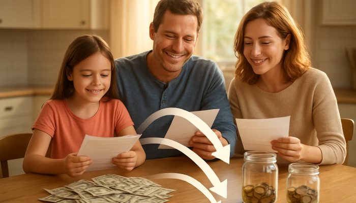 Reflecting on Your Debt Consolidation Choices: Valuable Guidance for the UK | DCL Family consolidating bills into one payment at sunlit kitchen table with savings jars