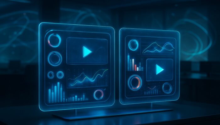Futuristic split-screen holographic dashboard comparing two video ad variations with vibrant analytics graphs and metrics.