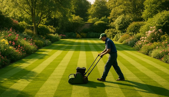 Gardener carefully mowing a perfectly striped lush lawn in a serene Yeovil garden with blooming flowers.