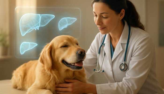 Veterinarian examining a relaxed golden retriever with holographic liver scans in a sun-drenched clinic illustration