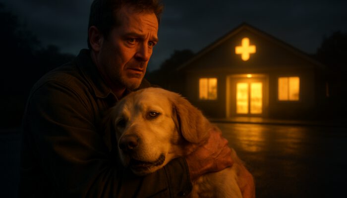 Owner hurrying a lethargic golden retriever with jaundice to a glowing veterinary clinic at dusk