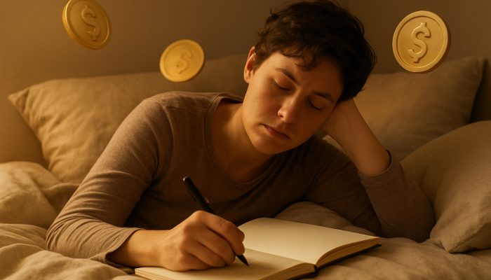 Tired individual resting in bed while drafting a gentle debt repayment plan in a journal, illuminated by warm golden light