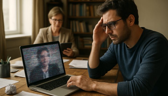 Remote writer experiences issues during a video call in a cluttered office, while a supervisor reviews documents on a tablet.