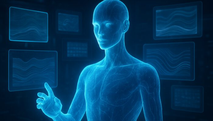 Futuristic AI hologram morphing to display various writing styles, surrounded by floating digital screens.