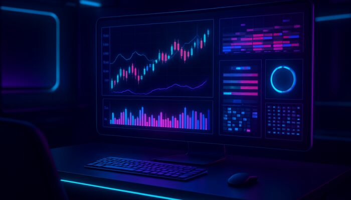 Futuristic Freqtrade dashboard showing colourful crypto trading pair charts and volume heatmaps.