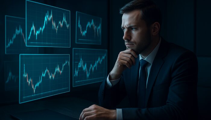 Trader cross-verifying cryptocurrency charts on holographic screens in a dimly lit office