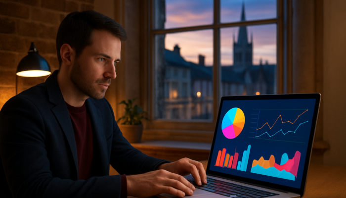Entrepreneur analyzing colourful Google Analytics charts on laptop in cozy Devizes office at dusk