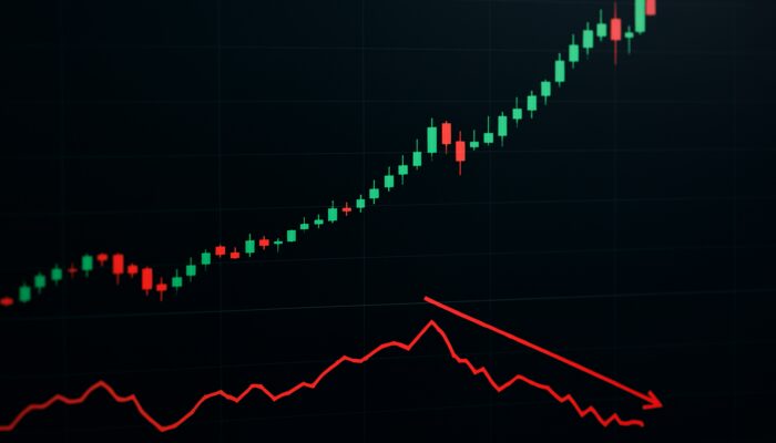 Trading chart with rising candlesticks at new highs, diverging downward Chaikin Money Flow, and red trendlines indicating reversal.