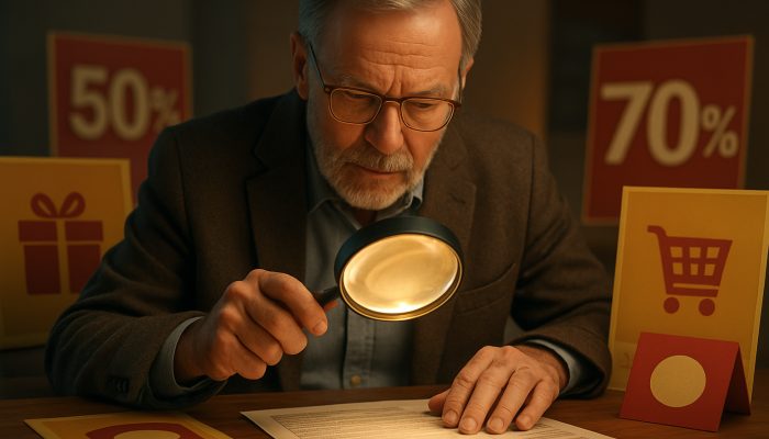 Comparing new offers with past mistakes: Valuable Lessons | DCL Consumer examines fine print on contracts with glowing magnifying glass amid tempting offers
