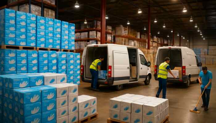 Warehouse in Hucknall stocked with boxes of bulk vinyl gloves as delivery vans load supplies under bright lights.