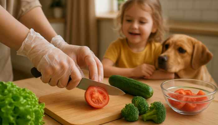 Hands in clear vinyl gloves preparing fresh food in a warm family kitchen with a child and pet nearby