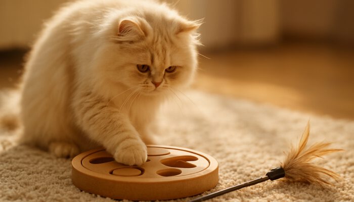 Persian cat playing with a puzzle toy and feather wand on a sunny rug for enrichment