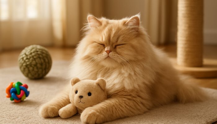 Fluffy Persian cat lounging with a soft plush toy in an elegant sunlit room