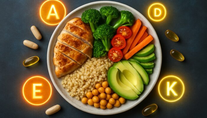Balanced plate showcasing protein, carbohydrate, and fat sections alongside supplement capsules and vitamin icons.