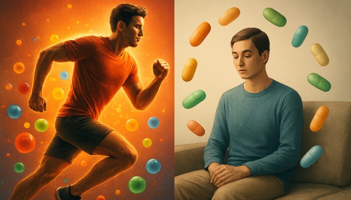 Illustration depicting an energetic athlete with antioxidant multivitamins alongside a calm sedentary figure with nutrient capsules.