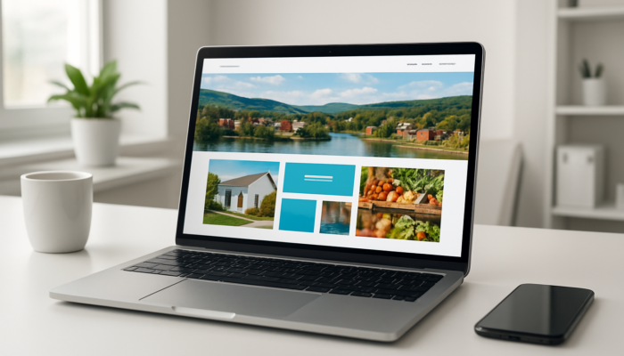 Laptop showcasing an elegant Kingswood website redesign for small businesses with clean layouts and mobile previews.