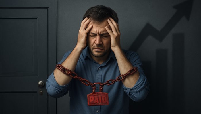 How Missed Payments Affect New Loan Chances: UK Consequences | DCL Stressed borrower restrained by missed payments before inaccessible mortgage and loan opportunities with rising insurance costs