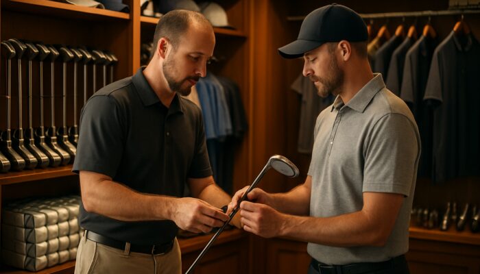 Attendant fitting golfer with custom clubs surrounded by premium gear in Witbank Golf Club pro shop.