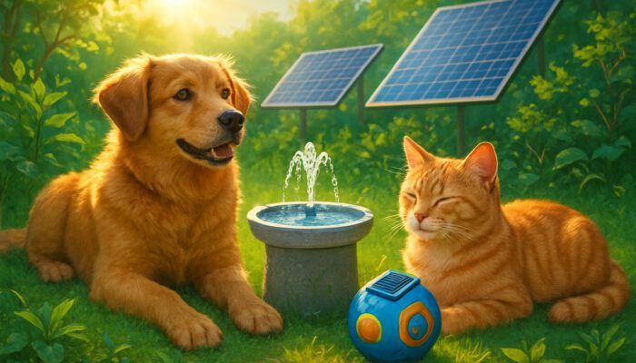 Dog and cat enjoying the sun with solar-powered pet gadgets in an eco-friendly garden equipped with solar panels.