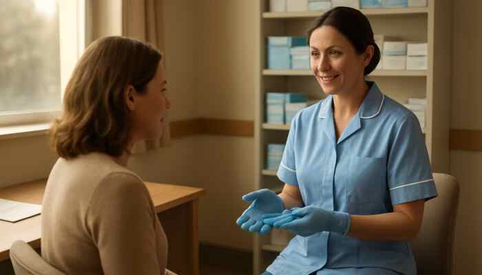 Friendly nurse providing guidance to patient on sterile gloves in a welcoming British GP clinic with NHS shelves.