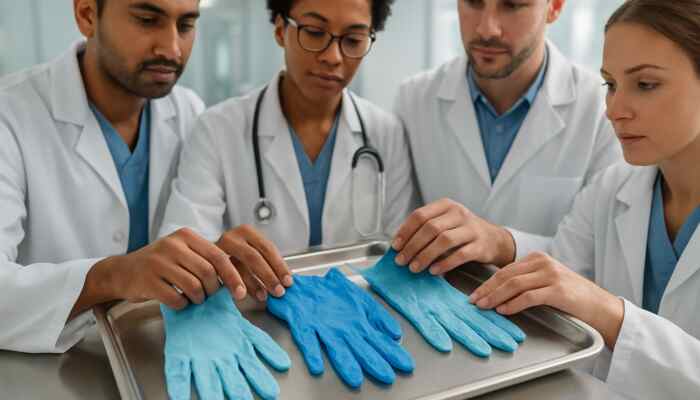 Diverse medical professionals examining a vibrant selection of sterile nitrile, latex, and vinyl gloves on a tray.