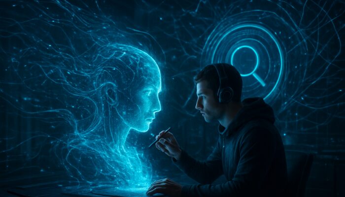 Futuristic creator shaping holographic content into AI search interface amidst cyberpunk neural networks