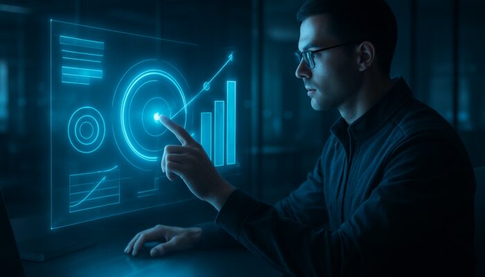 Futuristic analyst refining holographic SEO metrics and enhancing search rankings in a cybernetic workspace.