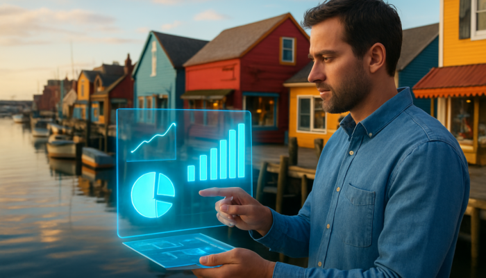 Business owner in Gloucester harbour observing holographic charts of page views, bounce rates, and shares