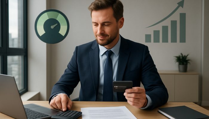 Demonstrating Responsible Behaviour to Lenders: Effective Strategies | DCL British professional pays off credit card with glowing 25% utilization meter and rising credit scores