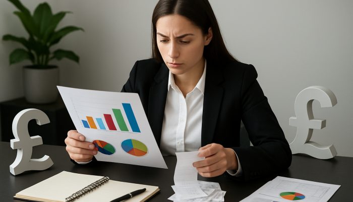 Demonstrating Responsible Behaviour to Lenders: Effective Strategies | DCL Young professional reviewing income-expense charts with British pound symbols at sleek desk