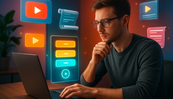 Young creator examines appealing pricing tiers and YouTube thumbnails on a laptop in a vibrant studio