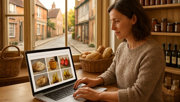 Small business owner setting up a WooCommerce store on a laptop in a cosy Gillingham shop filled with local products.