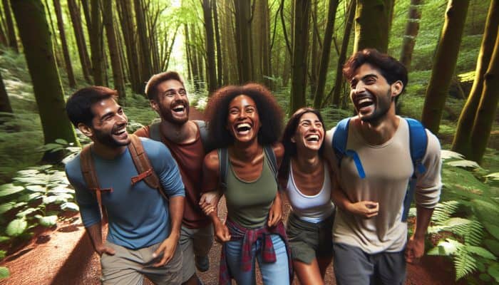 A diverse group enjoying a hike and sharing laughter in a lush forest, highlighting the mental health benefits of social connections.