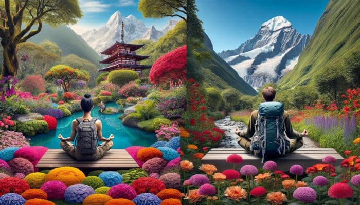 A person meditating in a vibrant garden alongside a hiker reaching a mountain summit, illustrating outdoor activity choices.