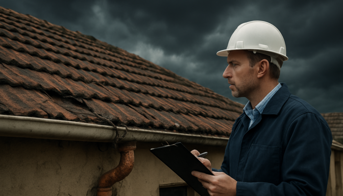 Professional inspector examining a cracked roof and exposed wires on an old South African home in Springs beneath a stormy sky.