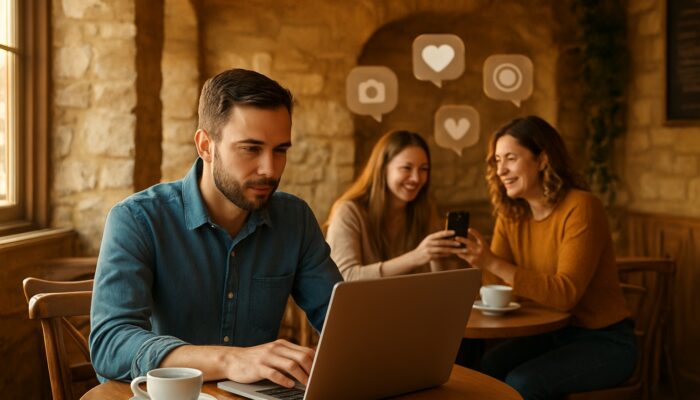 Café owner in Cirencester examining Instagram posts on a laptop surrounded by cheerful patrons in golden light