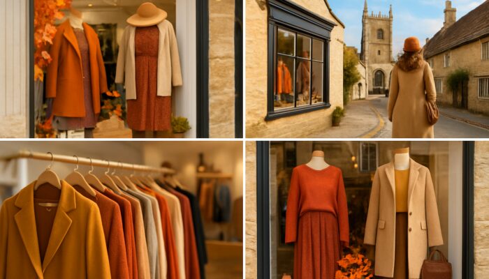 Cirencester boutique showcasing seasonal fashion displays alongside Cotswold landmarks and Instagram overlays