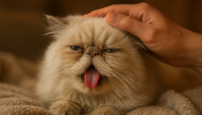 Persian cat panting with labored breaths, comforted by hand on cozy blanket