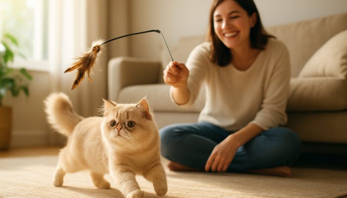 Slim Persian cat chasing feather toy in sunlit living room with smiling owner