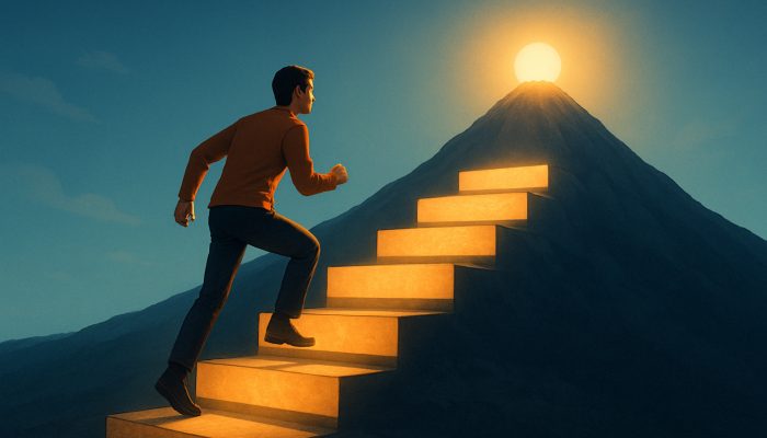 Individual climbing stepping stones labelled emergency fund and holiday savings towards the summit of financial independence