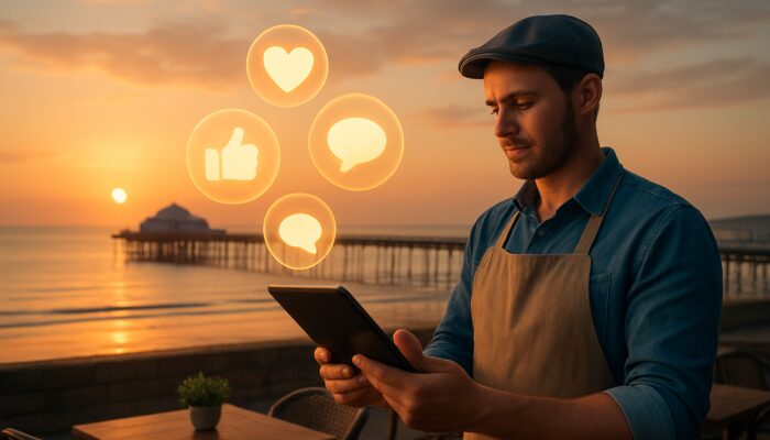 Café owner analyses impressive social media metrics on tablet above Weston-super-Mare pier at sunset